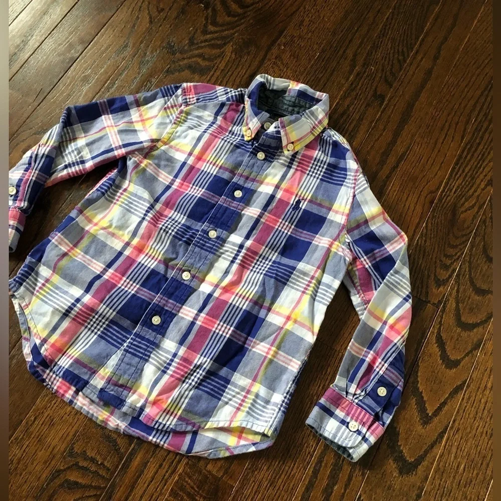 Ralph Lauren Boys 4/4T Blue/Pink/Yellow/White Plaid Cotton Button-Down Shirt
